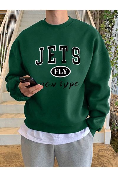 StartMore Green Unisex Green Jet's Special Chest Printed Oversize Crew Neck
