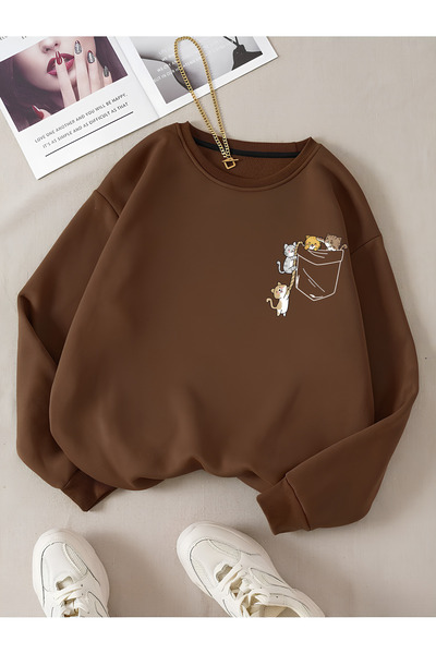StartMore Brown Women's Colorful Cat Special Chest Printed Oversize Crew Neck