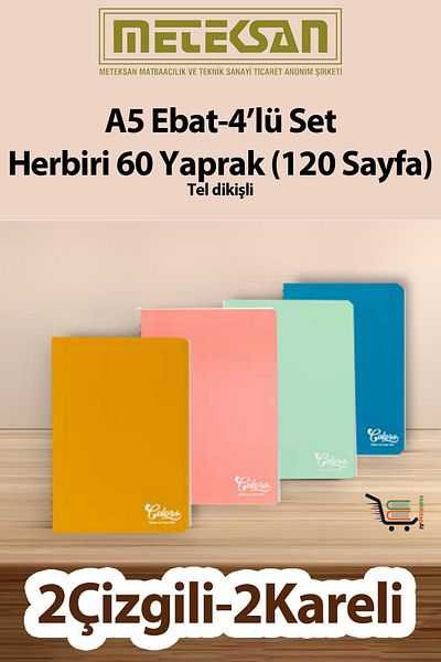 Meteksan 60 Sheets (120 Pages) School Notebook - Notepad Set of 4 A5 Size Wire Stitched Cardboard Cover