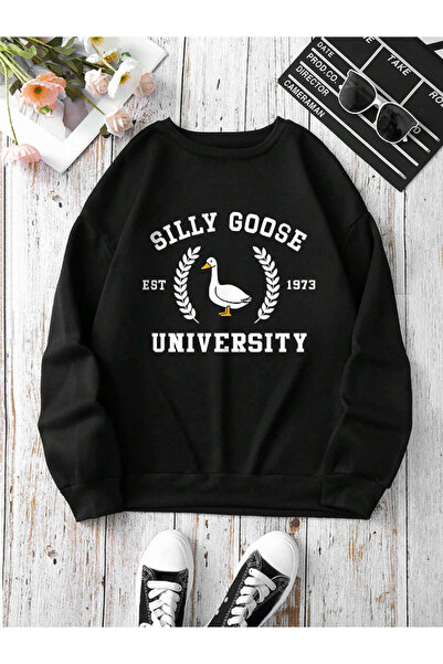 StartMore Black Unisex Men/Women Goose Custom Colorful Oversize Crew Neck Cotton