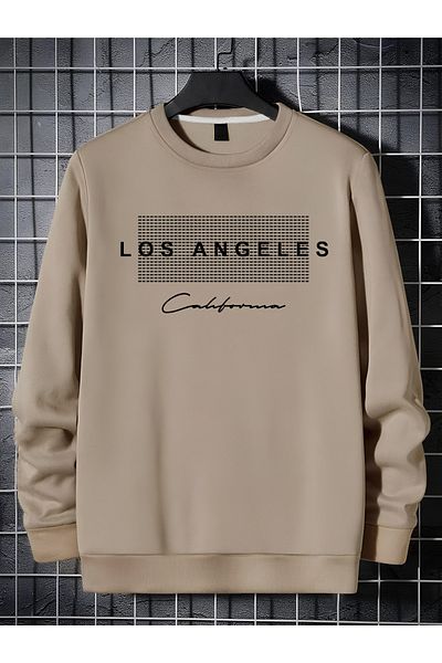 StartMore Beige Unisex Women/Men Detailed Los Angeles Special Printed Colorful Oversize Crew Neck Cotton