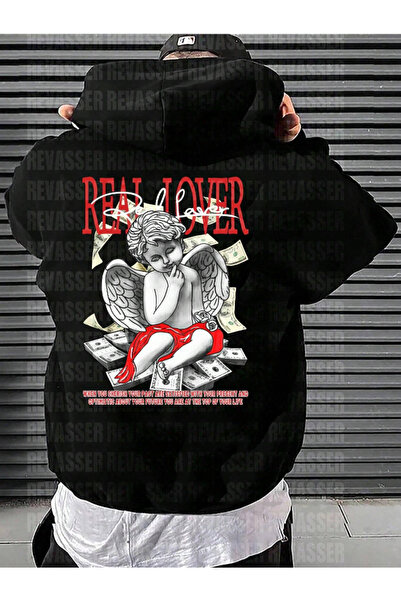 StartMore Black Unisex Oversize Real Lover Printed Loose Cut Hooded Hoodie
