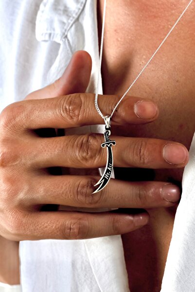 Ebrar Silver Gümüş Zülfikar Kolye 925 Ayar Gümüş Üzeri H.Z Ali Yazılı Zülfika...