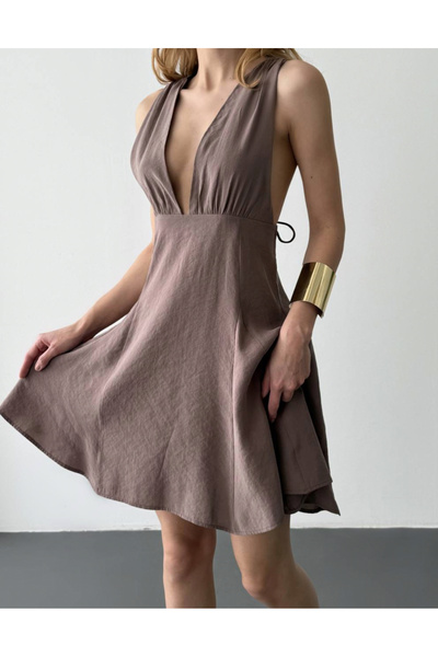 MU&ME BOUTİQUE Dress Short Back Tie Quzu - Brown