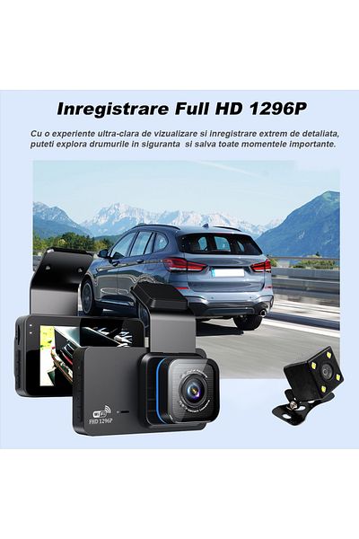 Vichema Tech Cameră auto DVR, Wi-Fi, Full HD 1296P, Vichema®, față și spate, ecran IPS de 3 inch, vedere nocturnă