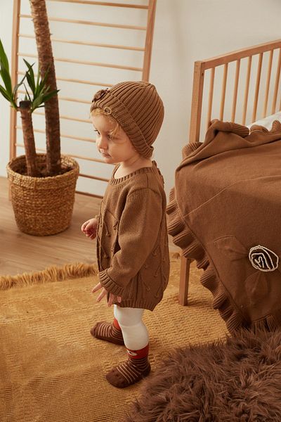 Uludağ Triko Brown Knitwear Organic Cotton Cherry Textured Long Sleeve Baby Girl Salopet Jumpsuit