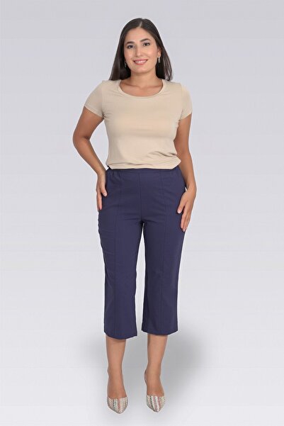 TOLGA SARAÇOĞLU 30267 Dark Blue Thin Fabric Comfortable Cut Capri with Elastic Waist