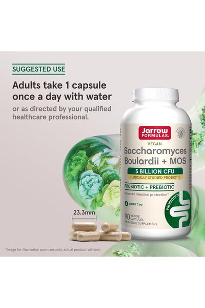 Jarrow Vegan Saccharomyce Boulardii Probiotic + Prebiotic Mos, 5 Billion Cfu, 90 Veggie Caps
