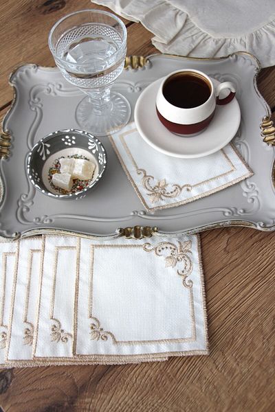 DDHOME Priză pentru cafea pentru cocktail, 6 bucăți, cu broderie, prezentator de gardenie