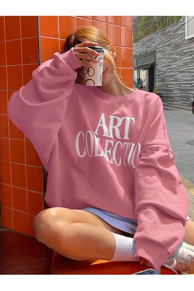 StartMore Pink Women's Art Collection Daisy Special Colored Oversize Crew Neck Cotton