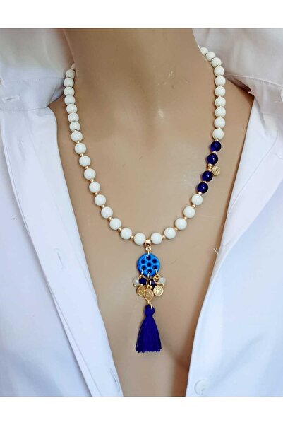 shop Mediterranean White Navy Blue Syriac Stone Tassel Glass & Crystal Bead Handmade Necklace