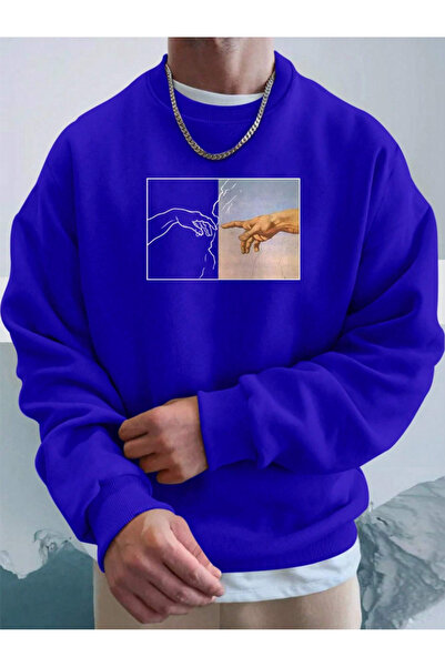 StartMore Blue Unisex Women/Men Hands Colorful Oversize Crew Neck Cotton