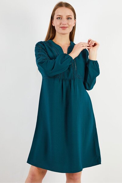 ONE STEP Women Split Neckline Eyelet Sheath Dress, Forest Green
