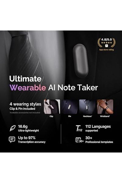 Plaud.ai مسجل صوت PLAUD NotePin AI، تحكم بالتطبيق، مسجل ملاحظات AI، نسخ وتلخيص AI (رمادي كوني)