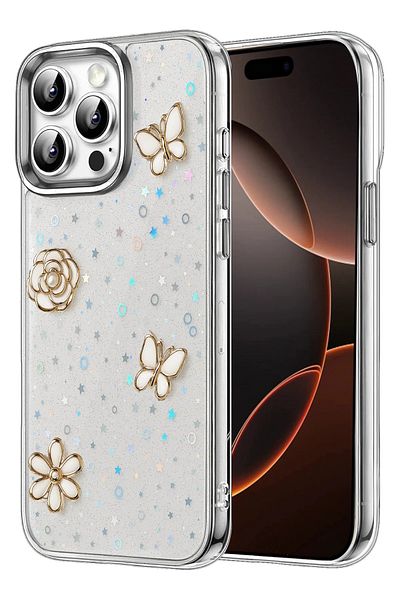 m.tk moveteck حافظة متوافقة مع هاتف iPhone 15 Pro Max، غطاء لامع منقوش بفيونكة شفافة من الإيبوكسي الفضي للكاميرا