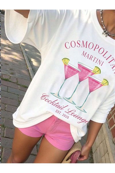 aynewmoda Women's summer loose round neck wine glass letter Printed t-shirt