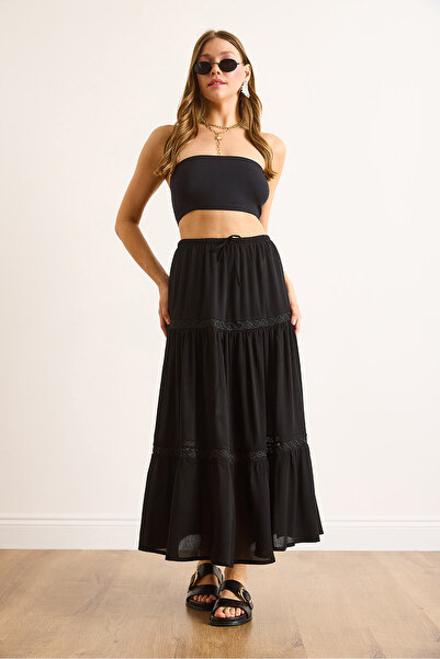 Olalook Women's Black Lace Striped Lined Maxi Skirt Etk-19000341