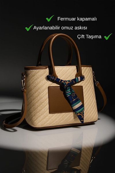 GÖKDAĞ GROUP Women's Straw Textured Lined, Adjustable Strap Zippered Hand and Shoulder Bag