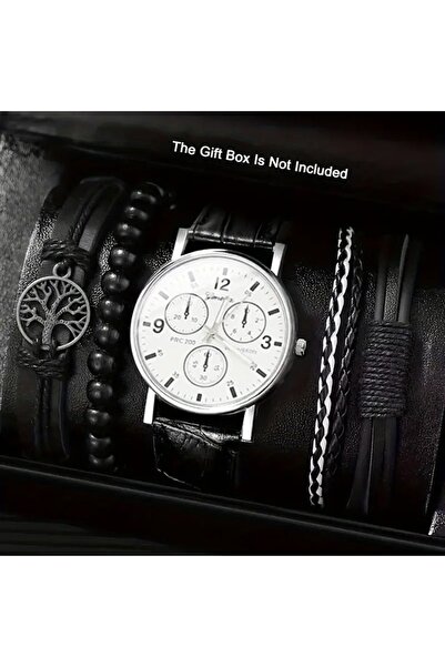 Ferronucci Erkek Siyah Deri Kordon Kol Saati ve Bileklik Seti ST-615