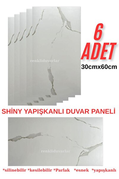 Renkli Duvarlar 6 Adet 60cmx30cm Beyaz Mermer Desen Yapışkanlı Karavan Banyo Wc Duvar Kaplama Paneli BS1763