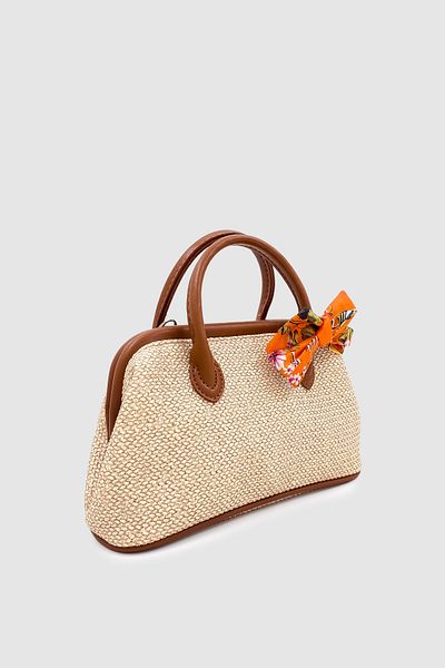Wuclo Peyli Scarf Detailed Cross Strap Straw Handbag Brown
