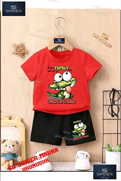 SS SİNSER تي شيرت للأطفال للجنسين "TIMSAH FAMILY TONGUE OUT" برقبة دائرية مطب...