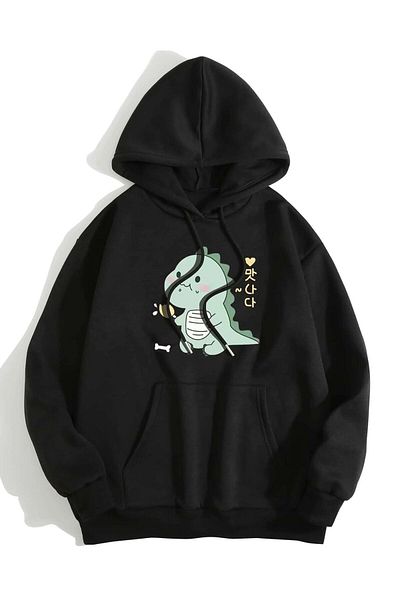 StartMore Black Unisex Dino Custom Chest Printed Oversize Crew Neck