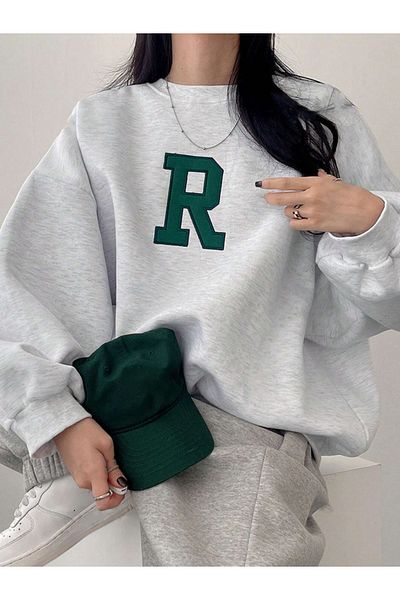 StartMore Gray Women's Gray R Letter Special Printed Oversize Cotton Crew Neck