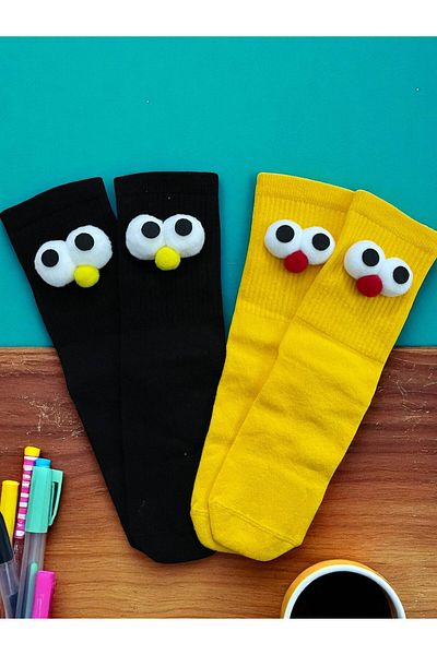 MODA Pack of 2 Yellow and Black Fun Socks with Wheel Eyes