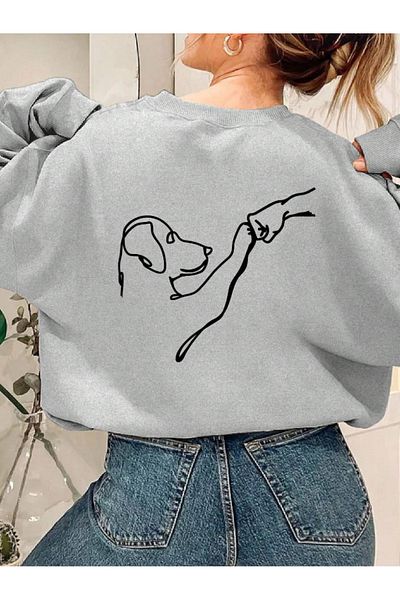 StartMore Gray Unisex Men/Women Colorful Dog Custom Printed Oversize Cotton Crew Neck