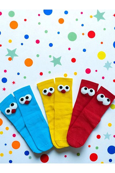 MODA 3 Pack Blue, Yellow, Red Fun Socks with Wheel Eyes
