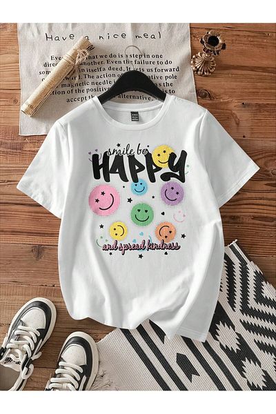 aynewmoda "Happy" Smiley Face Printed Casual Short Sleeve Round Neck T-Shirt for Women