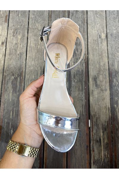 Afilli Women's Silver Patent Leather Shiny Single Strap Thick Short Heeled Comfortable Sandals 4 cm Shoes Ankle