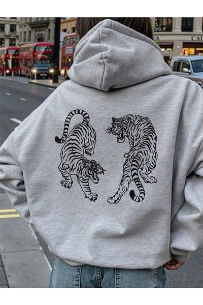 StartMore Gray Unisex Men/Women Tiger Colorful Custom Printed Cotton Oversize Hoodie