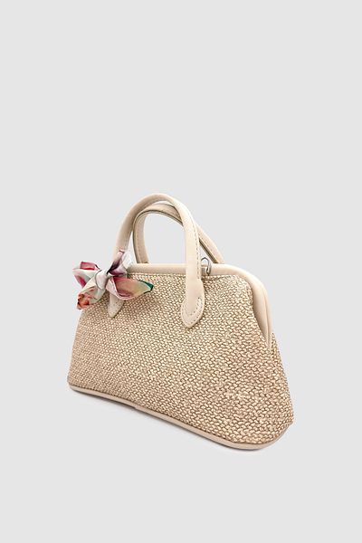 Wuclo Peyli Scarf Detailed Cross Strap Straw Handbag Cream
