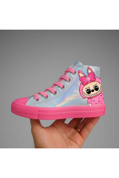 LİASSHOES Hologram Pink Sole Side Pink Labibik Printed Children's Sports Shoes Sneaker