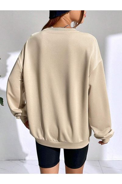 StartMore Burgundy Women's Vison Women's Face Special Chest Printed Oversize Crew Neck
