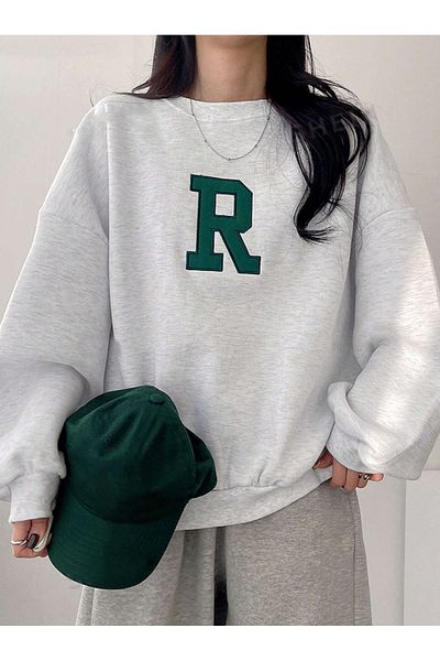StartMore Gray Women's Gray R Letter Special Printed Oversize Cotton Crew Neck