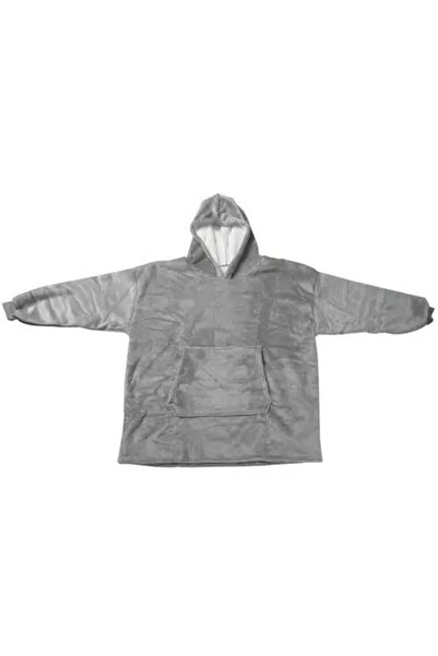 FOXMAG24 Blanket with sleeves and hood, front pocket, padded plush, ultra-light and warm, polyester, gray
