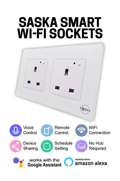 SASKA WiFi Smart Wall Socket Outlet app Control Works with Alexa (White, Double Socket)