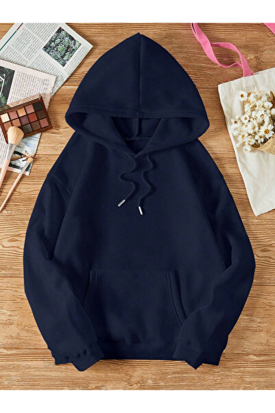 StartMore هودي كبير الحجم من القطن بلون موحد للنساء/الرجال باللون الأزرق الدا...