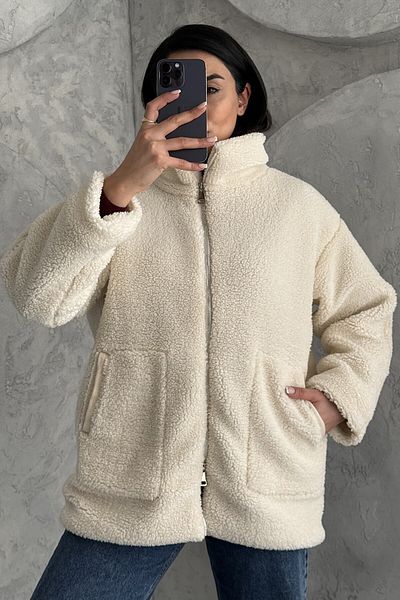 moda armanc Palton de pluș oversize bej pentru femei - fermoar dublu, guler în picioare
