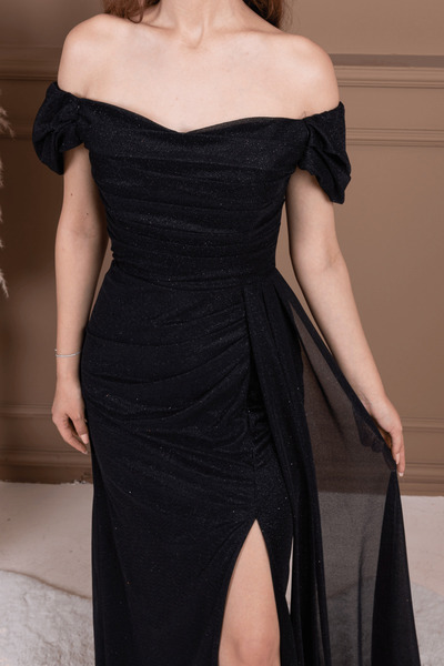 BEYBOS Simli Kumaş Büzgü Detaylı Balık Abiye Elbise - SİYAH