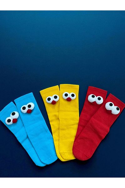 MODA 3 Pack Blue, Yellow, Red Fun Socks with Wheel Eyes
