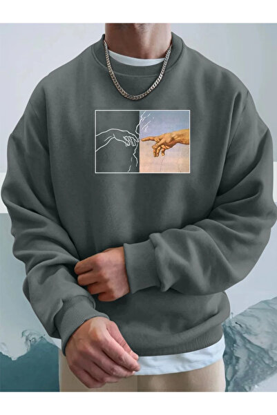 StartMore Gray Unisex Women/Men Hands Colored Oversize Crew Neck Cotton