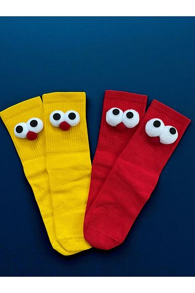 MODA Pack of 2 Yellow and Red Fun Socks with Wheel Eyes