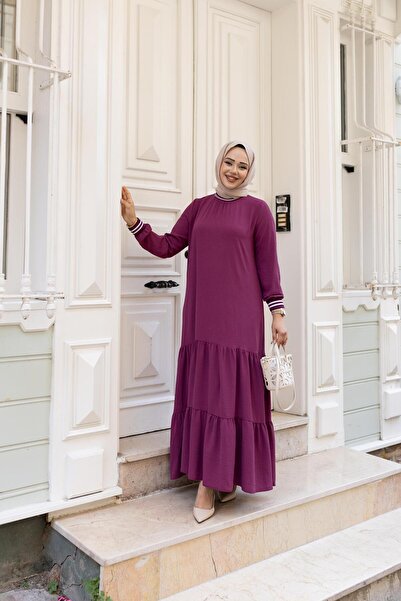 Hb Harma Time Butik Women's Layered Ribbed Fuchsia Hijab Dress