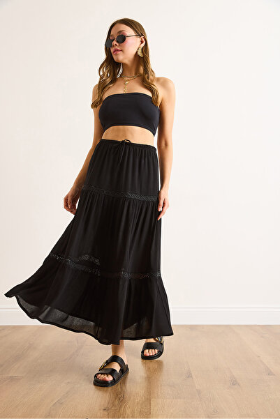 Olalook Women's Black Lace Striped Lined Maxi Skirt Etk-19000341