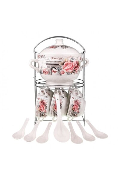 OEM Set din ceramica pentru supa format din sase boluri si sase linguri, un polonic si o supiera, 25x33