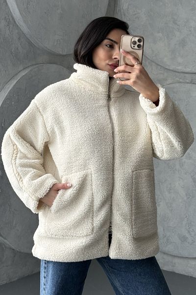 moda armanc Palton de pluș oversize bej pentru femei - fermoar dublu, guler în picioare